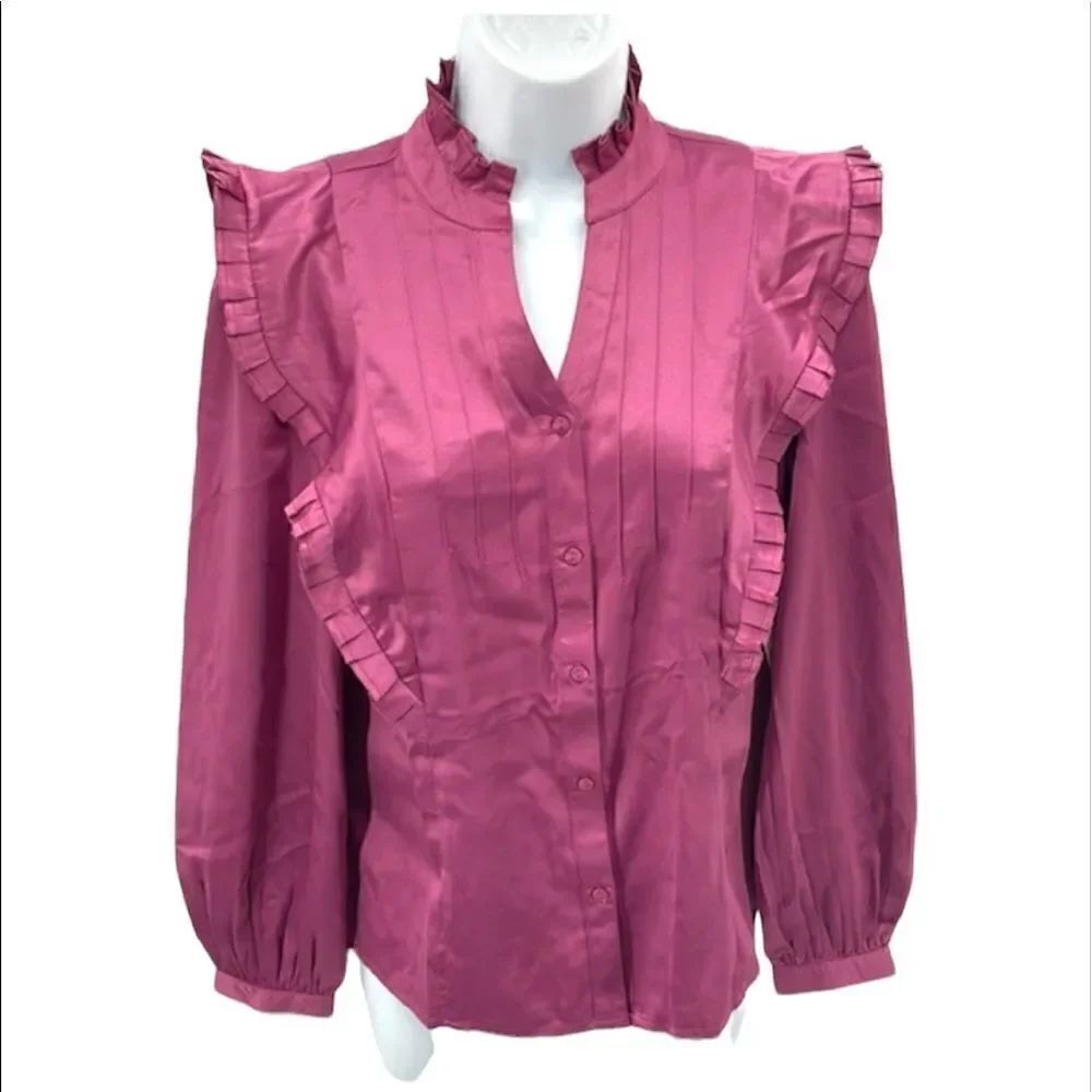 Calligraphie high collar satin Victorian blush pink pleated yoke puff sleeve NEW